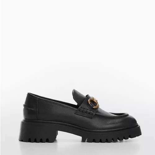 MANGO Women's Track Sole Leather Moccasins Loafers Black / Gold Size 39 - Picture 2 of 9