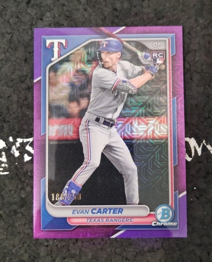 Evan Carter 2024 Bowman Chrome Purple Mojo #/250 Rookie RC #65 Texas Rangers