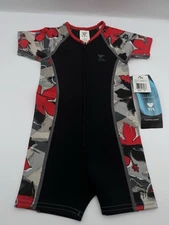 TYR Boys Thermalwear Swim Suit 2T Black Red Floral Short Sleeve One Piece Zipper