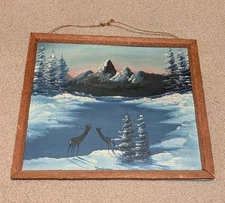 Vtg Primitive Rustic Frame With Painting Deer Winter Scene On Frozen Pond