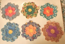 6 Vintage Feed Sack Fabric Handmade GRANDMOTHER'S FLOWER GARDEN 9" Quilt  Blocks