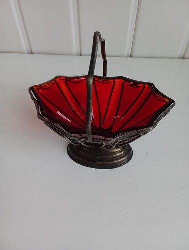 Antique Unbranded Ruby Glass And Metal 2pc Handled Sugar Bowl Bon Bon Dish (FO)