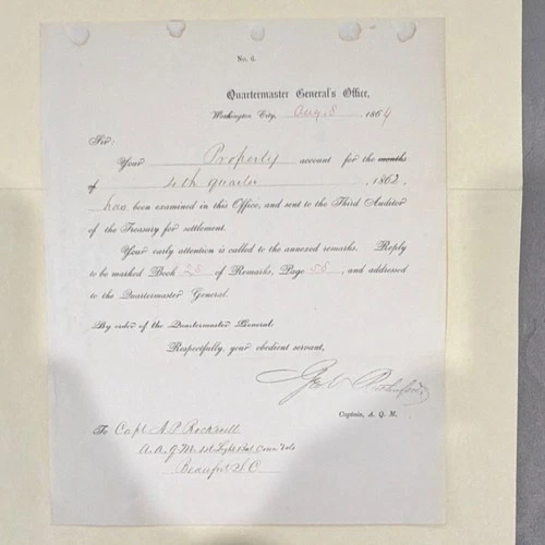 United States Quartermaster Document Beaufort SC Civil War Original 1864