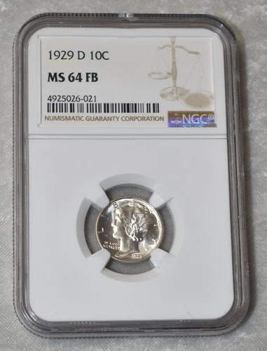 1929 D MERCURY DIME 90% SILVER CERTIFIED NGC MS 64 FB MS64FB DENVER MINT US COIN