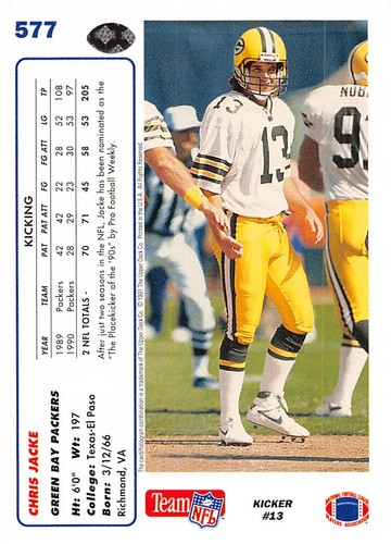 Chris Jacke 1991 Upper Deck 577 Green Bay Packers Football Card - Bild 2 von 2