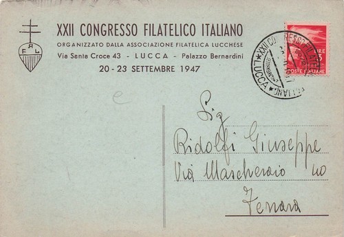 28-49) CARTOLINA LUCCA XXII CONGRESSO FILIATELICO ITALIANO 1947 FERRARA - Imagen 2 de 2