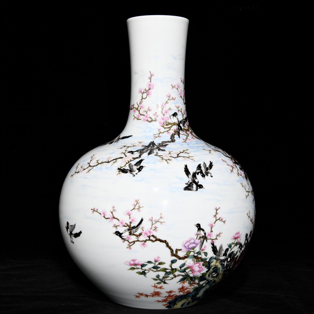 15" China Antique Porcelain qianlong mark famille rose Magpie Plum