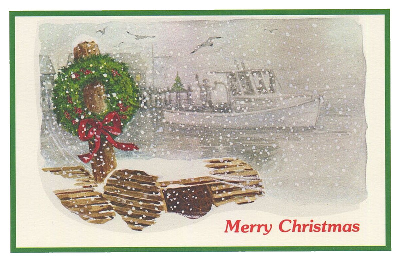 Vintage Nautical  Cape Cod MA Christmas Postcard Fishing Boat Lobster Trap Dock