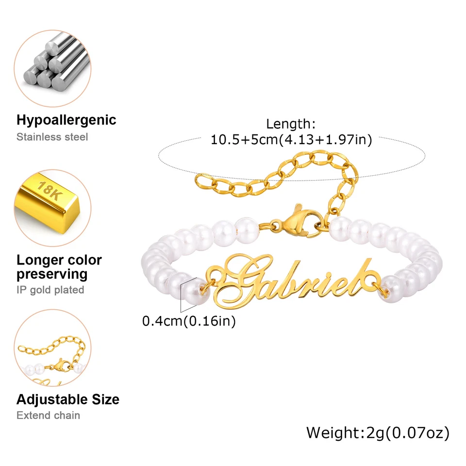 VNOX Pulsera Personalizada Nombre Bebé Blanco Perla Imitación Niños Niño Niña Regalo Foto 2 de 4