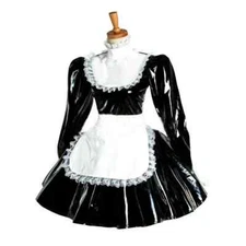 Sissy Dress Wetlook PVC Lolita Maid Costume With Lace Apron Adult Cosplay Dress