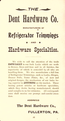 Dent Hardware Co Refrigerators Trimmings Hardware Specialties FULLERTON1895 AD