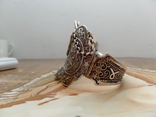 Bangle Bracelet Silver Tone Cresent Moon And Star With Dagger Locking Pin - Picture 2 of 17