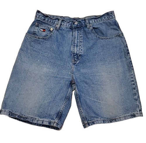 Vintage Y2K Tommy Hilfiger Shorts Herren 32 blau Denim Flagge Logo Reißverschluss Jeans 90er Jahre Y2K