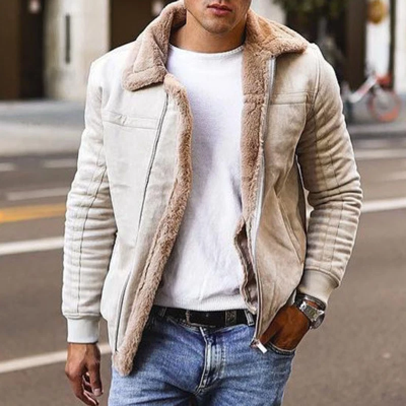 Fashion Men s Faux Suede Fur Collar Wool Coat Winter Warm Short Jacket Cosy Coat