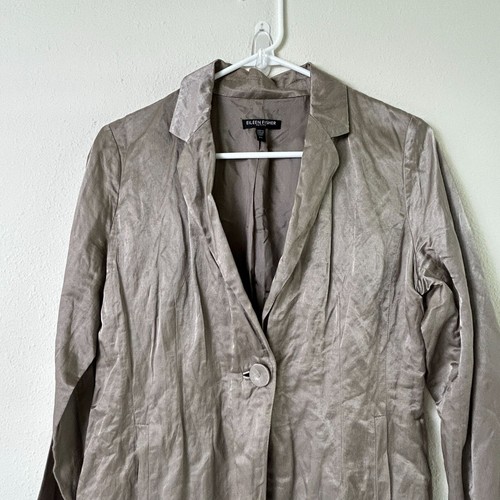 Eileen Fisher Blazer Petite S PS Gray Taupe Crinkle Metallic Pockets - Flaw - Picture 3 of 15