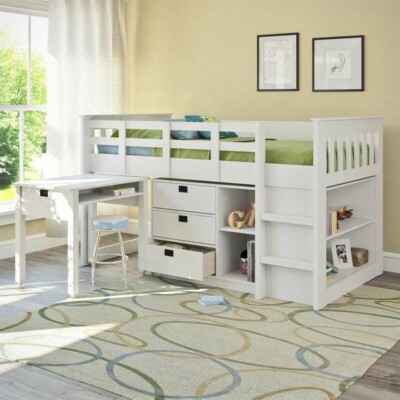 Corliving Madison Single Desk And Storage Twin Loft Bed In Snow