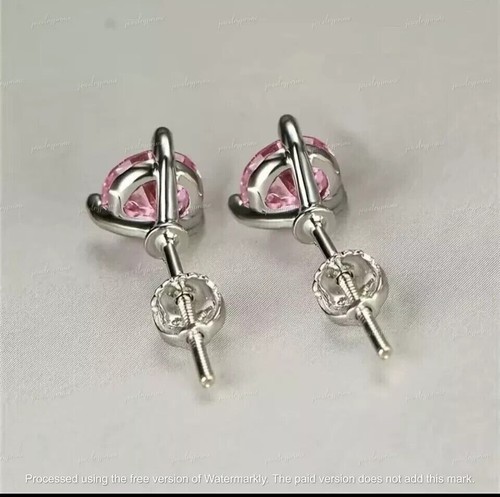 Aretes redondos de diamantes rosados creados en laboratorio de 2 quilates para mujer enchapados en oro blanco de 14 k - Imagen 3 de 4