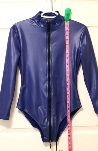 Meise Long-sleeved Faux Leather Leotard, Multi Zipper/Zip thru Crotch, L, Blue - Picture 3 of 8