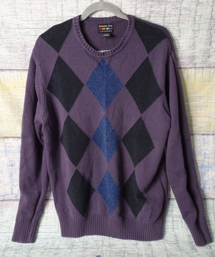 VTG Alexander Julian Colours Purple/Blue/Blk Mens Lg 100% Cotton Argyle Sweater - Picture 2 of 22