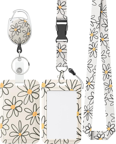 Floral Sliding Badge Holder White Flower Plastic Case with Retractable Badge Ree - Bild 10 von 12