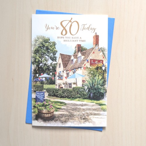 Biglietto Compleanno Età 80 - Scena Pub Uomo Maschio - Misura 80: 7,5"x5,25" - Foto 1 di 3