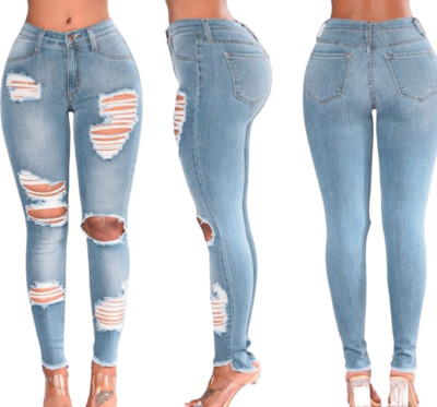 NEU HOHE TAILLE FÜR MÄDCHEN DAMEN GERISSENEN DENIM DEHNBAR & SCHLICHT SCHMALE SKINNY JEANS