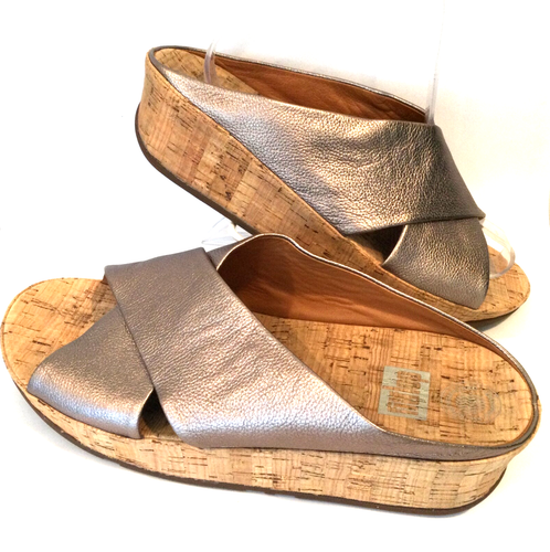 FitFlop Kys Bronze Size 9 Women Leather Crisscross Cork Slide Sandals EU 41 UK 7 - Picture 2 of 10