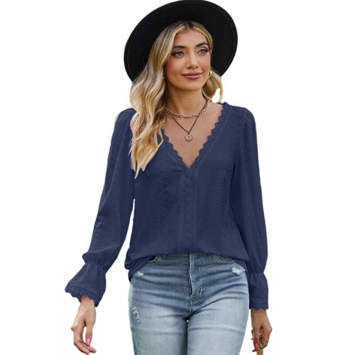 Women Flare Long Sleeve Loose Shirt Lace Crochet V-Neck Jacquard Tunics Blouse - Picture 24 of 38