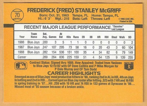Fred McGriff Toronto Blue Jays #70 - Donruss 1989 - Imagen 2 de 2
