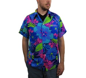 Vintage-50s-Pomare-Tahiti-Mens-Floral-Bark-Cloth-Hawaiian-Camp-Shirt-Medium-Neon