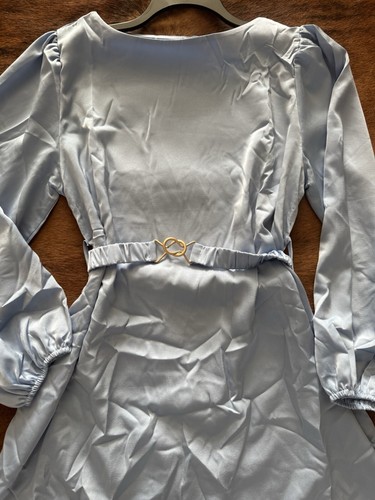 Women's Formal Satin mini Dress Lantern Long Sleeve Boat Neck Metal Belt size M - Picture 9 of 17