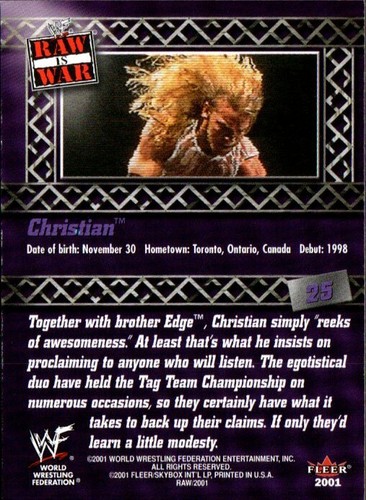 Carta Fleer WWF WWE 2001 Raw Is War Wrestling #25 Christian - Foto 2 di 2