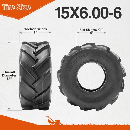 Set 2 15x6.00-6/16x6.50-8 Lawn Mower Tires Heavy Duty 4Ply Tubeless Replace Tyre - Picture 3 of 15