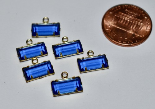 VINTAGE 6 BLUE GLASS BRASS RECTANGULAR BEADS • 10.7x5.8mm • 1 RING PENDANTS - Picture 1 of 2