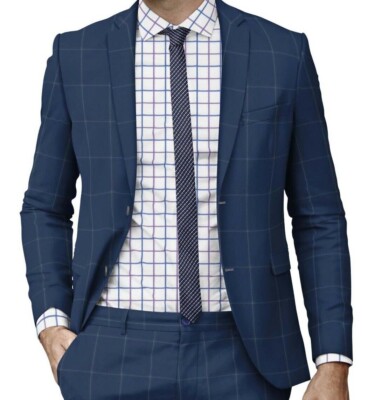 Navy Blue Suits Windowpane Box Check Big and tall Custom Made Wool Suits