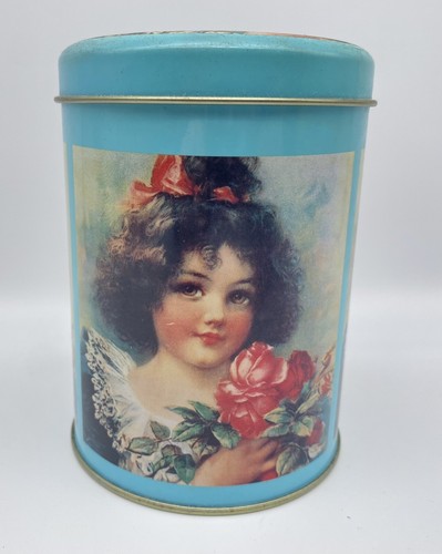 Sweet Round Metal Tin W/Girl & Flowers 3.5” D x 5” T - Unmarked - Picture 1 of 4