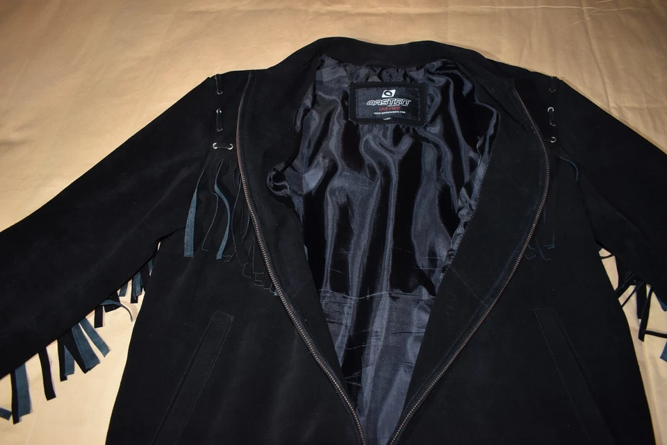 麂皮流苏黑色麂皮绒皮夹克,尺寸 2XL — 第 4/4 张图片