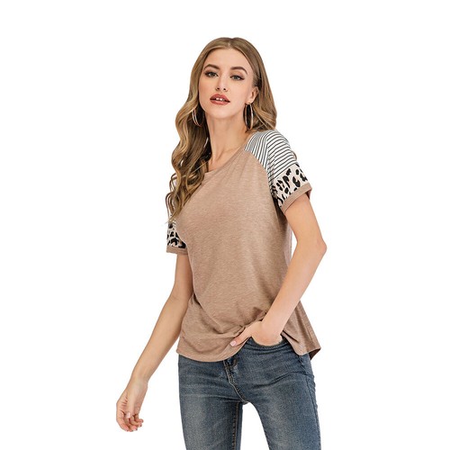Damen Kurzarm Leopard Block Tunika Komfort Streifen Rundhalsausschnitt T-Shirt Tops US - Bild 11 von 17