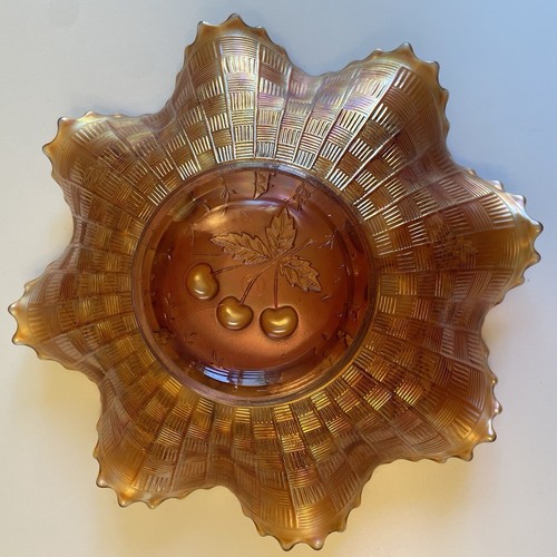 Northwood Marigold Carnival Three Fruits Ruffled Edge 9” Glass Bowl Cherry #O - Picture 3 of 8