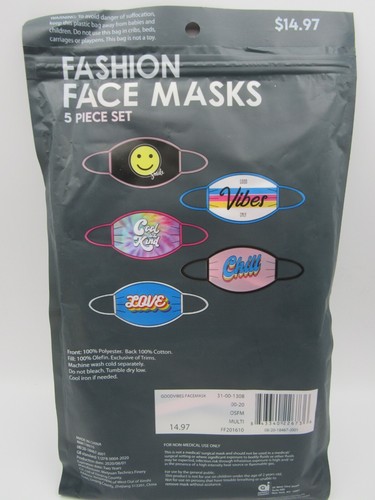 Fashion Face Masks 5 Piece Set Good Vibes Washable Reusable - NEW - Picture 2 of 3