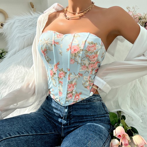 Mujeres Floral Sin Tirantes Corsé Top Corte Bajo Sin Mangas Bustier Verano Tubo Top - Imagen 19 de 29