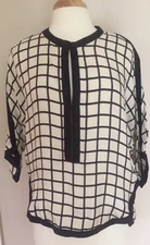 ISABEL MARANT ODEA SZ  40/8 Silk Window Pane Navy & White Silk Tunic Top  #1305