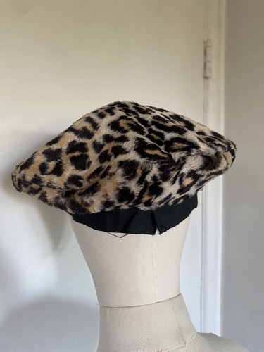 Vintage 50er Jahre Leopard Baskenmütze Satinfutter schwarze Borte individuelle Kopfschmuck - Bild 8 von 8