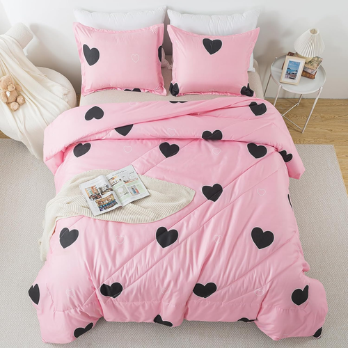 Blush Pink Love Comforter Set Queen Size, Cute Heart Pattern Bedding Comforter f - Picture 2 of 12
