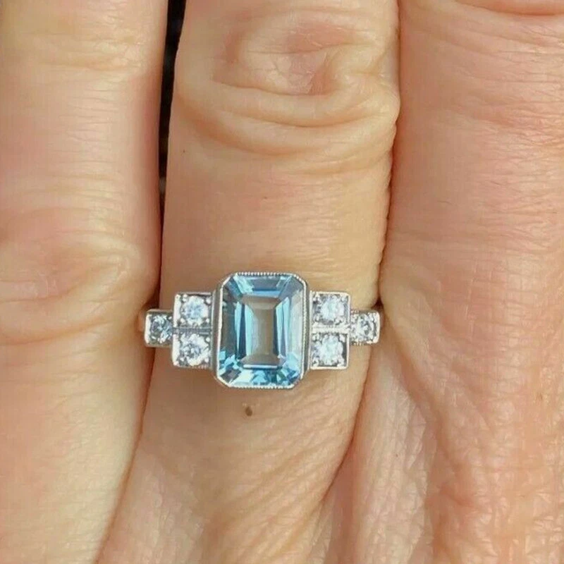 4Kt Aqua Blau Smaragd Damen Ring Diamant Verlobungsring Weißgold-Finish gr 52-62 - Bild 4 von 4