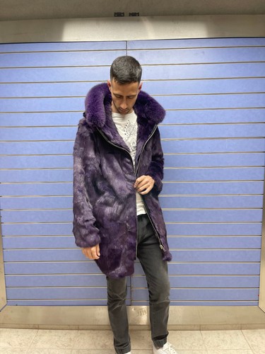 Luxury Purple Fur Mens Coat Real Fur Coat Fox Hood Trim - Picture 10 of 10