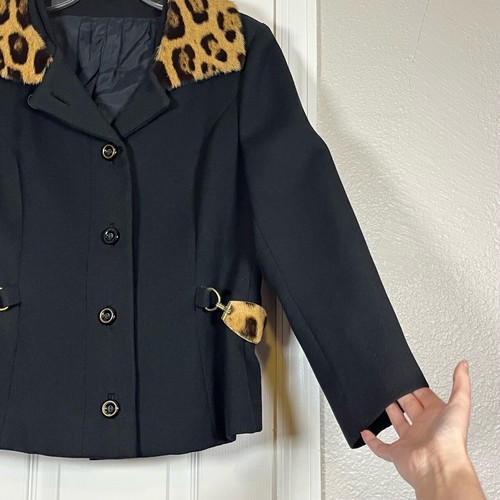 Vintage Black Dyed Pony Hair Set Brass Link Belt Notched Lapel Wool Skirt Jacket - Picture 19 of 19