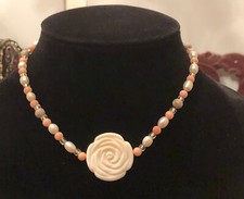 Image of Pink Rose Necklace MOP Bracelet Set Coral Pearl Carved Shell Jasper Bead 18”