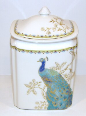 222 FIFTH FINE CHINA PEACOCK GARDEN 8 1/4'' CANISTER WITH LID ~BEAUTIFUL~