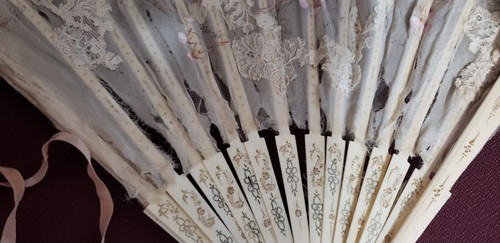 Victorian Revival Hand Painted Cloth Lace Carved Celluloid? Hand Fan Costume - Picture 3 of 10